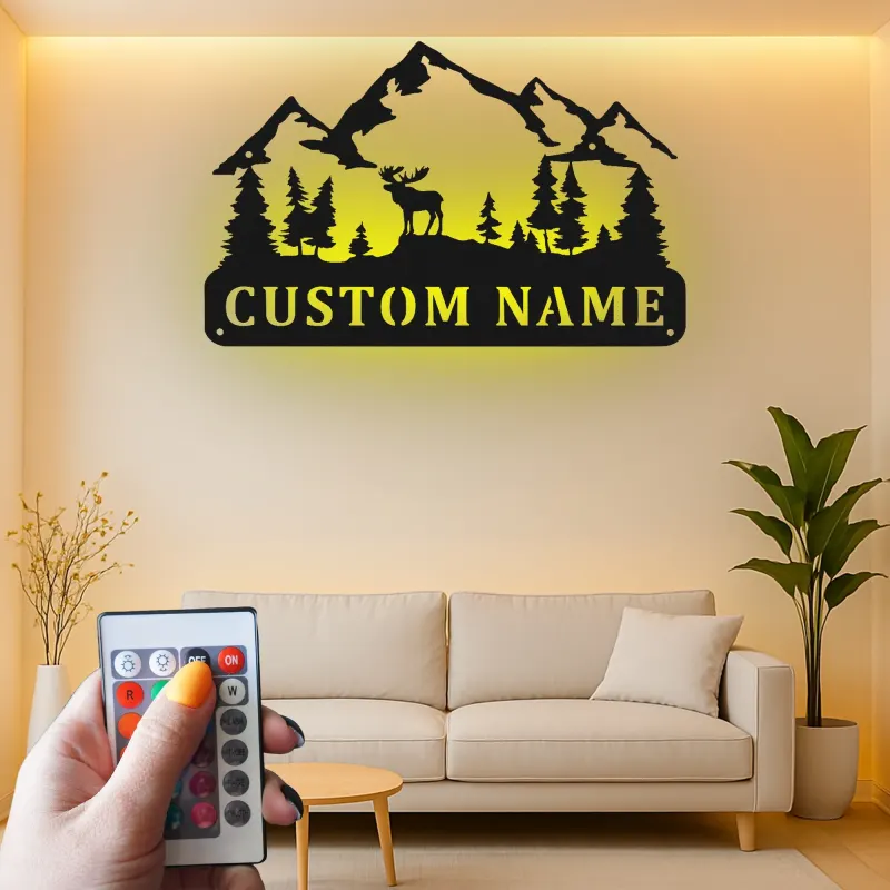 Cartel de metal con alce personalizado con LED | Decoración mural de montaña personalizada | Decoración rústica para cabaña y regalo para amantes del aire libre