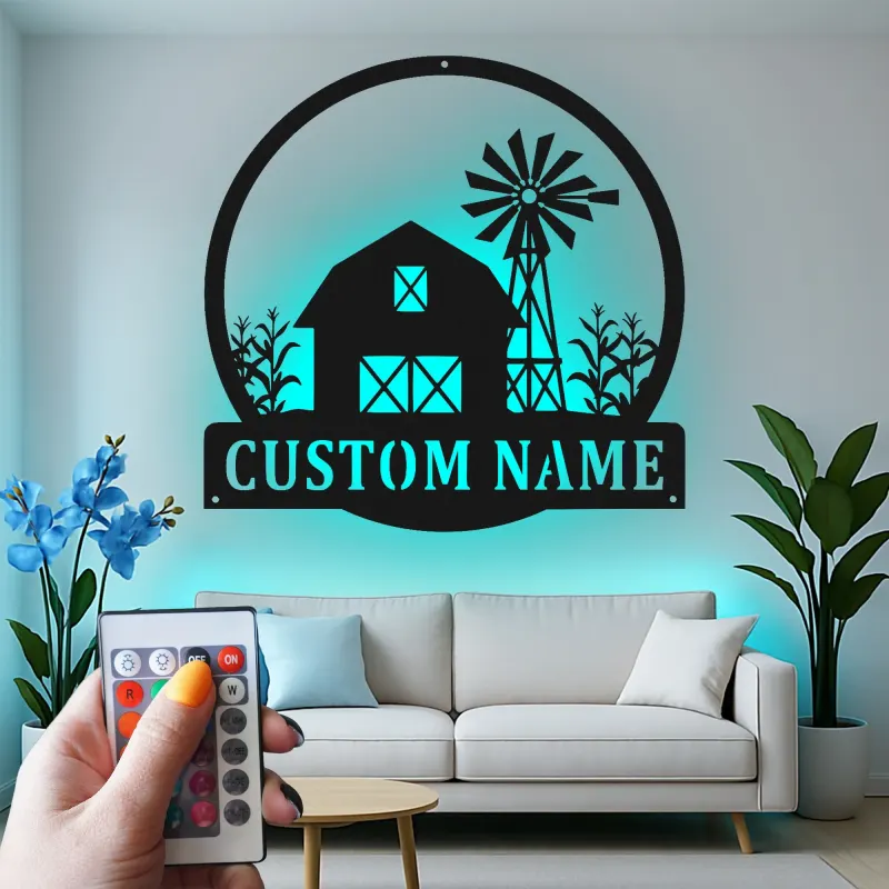 Custom Farmhouse Barn Led Light Metal Wall Art Personalized Gift for Farmers Rustic Home Decor
