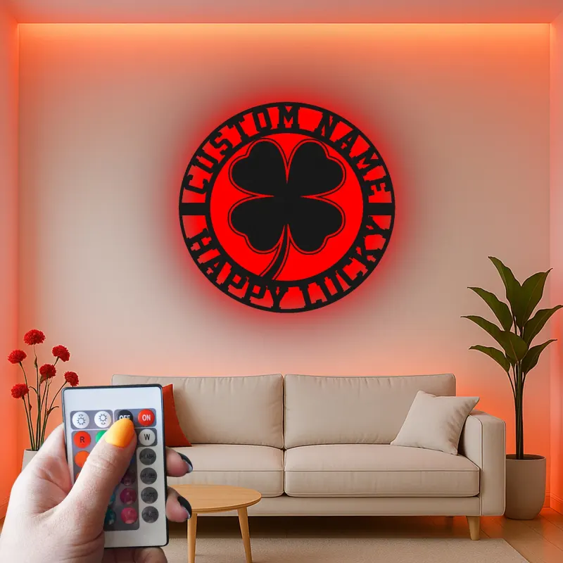 Décoration murale en métal personnalisée en forme de trèfle à quatre feuilles avec rétroéclairage LED - Cadeau irlandais pour la Saint-Patrick