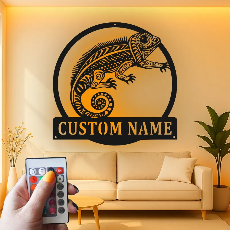 Cartel de metal personalizado con luz LED de camaleón, regalo personalizado para amantes de reptiles, decoración para salón u oficina