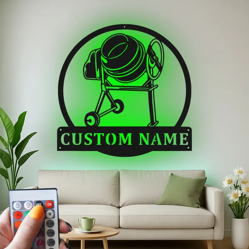 Personalisierte Betonmischer-LED-Metall-Wandkunst – Geschenk für Bauarbeiter, Deko für Garage oder Werkstatt