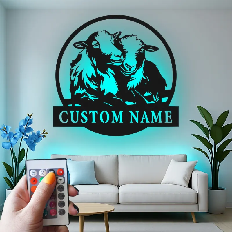Insegna LED Personalizzata con Agnelli | Arte in Metallo Personalizzata | Decorazione per Fattoria di Pecore per Nursery o Regalo per Casa Rustica