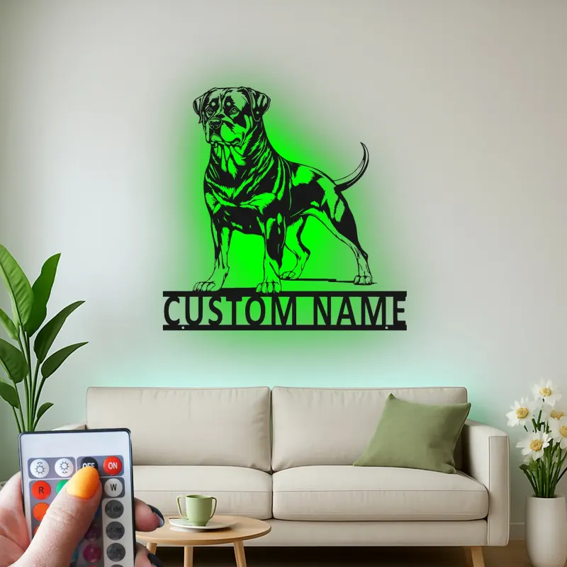 Rottweiler Custom Name Metal Sign | LED Light Pet Portrait Wall Art | Dog Lover Memorial Gift