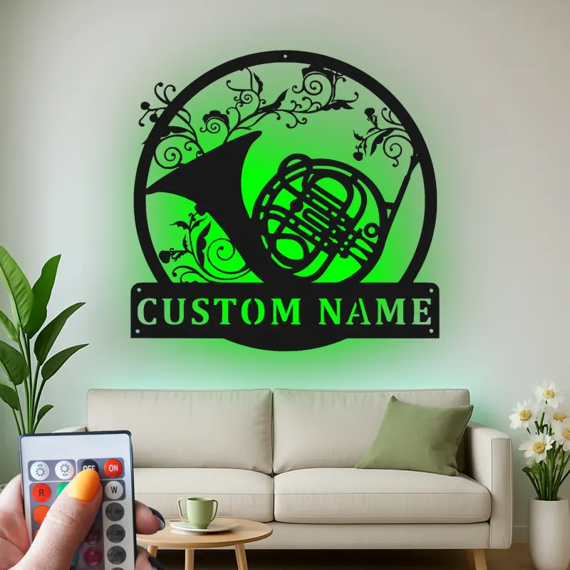 French Horn Metal Wall Art | Personalized LED Sign for Music Room | Custom Musician Name Plaque | Studio Decor Gift