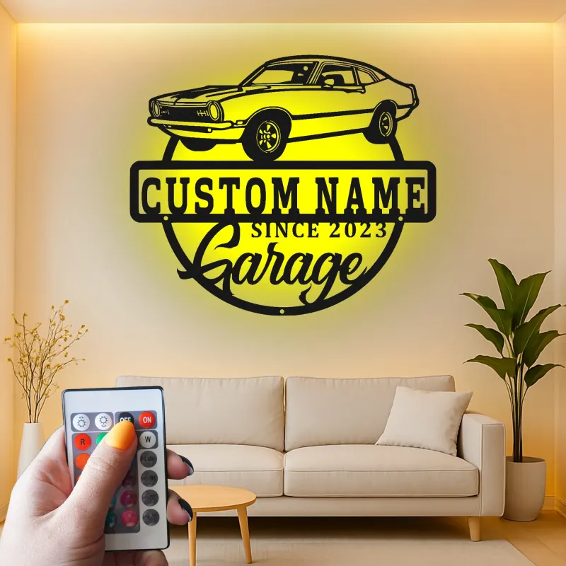 Décoration murale en métal personnalisée avec rétroéclairage LED de voiture classique - Cadeau de garage pour lui
