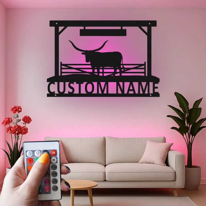 Texas Longhorn Metal Wall Art | Custom Ranch Sign with LED Lights | Personalized Farmhouse Decor for Cattleman