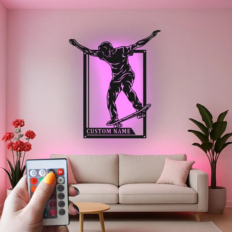 Insegna LED personalizzata per skateboarder | Arte da parete in metallo personalizzata | Decorazione per camera dei ragazzi e man cave | Regalo per skater