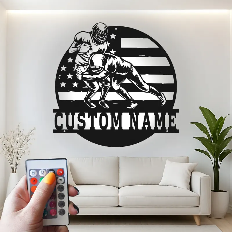 Arte Mural de Metal de Fútbol Personalizado con LED | Cartel de Nombre Personalizado para Man Cave o Habitación de Adolescentes | Regalo para Jugador de Fútbol Americano