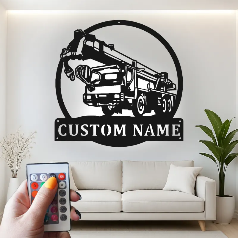 Personalisierte LED-Metall-Wandkunst mit Kranwagen – Geschenk für Bauarbeiter, Garage oder Werkstatt