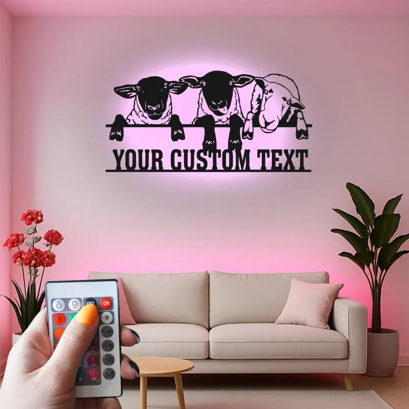 Insegna in Metallo con Pecora Personalizzata | Arte Murale LED per Fattoria | Decorazione con Nome Personalizzato per Nursery o Regalo per Ranch Rustico