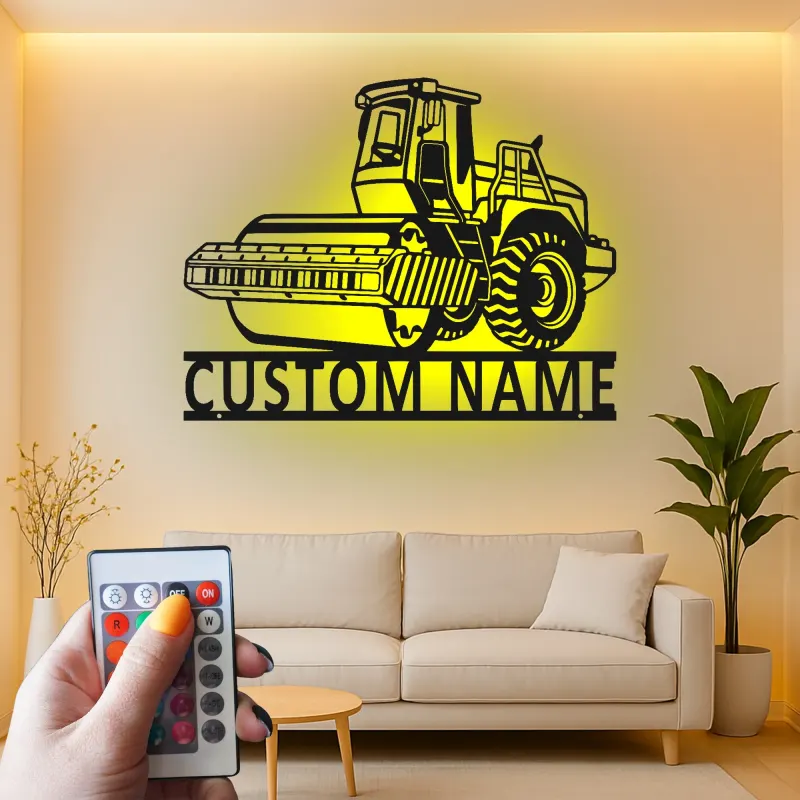 Arte mural de metal de rodillo de carretera | Cartel LED de construcción personalizado | Decoración de maquinaria pesada personalizada para regalo de contratista