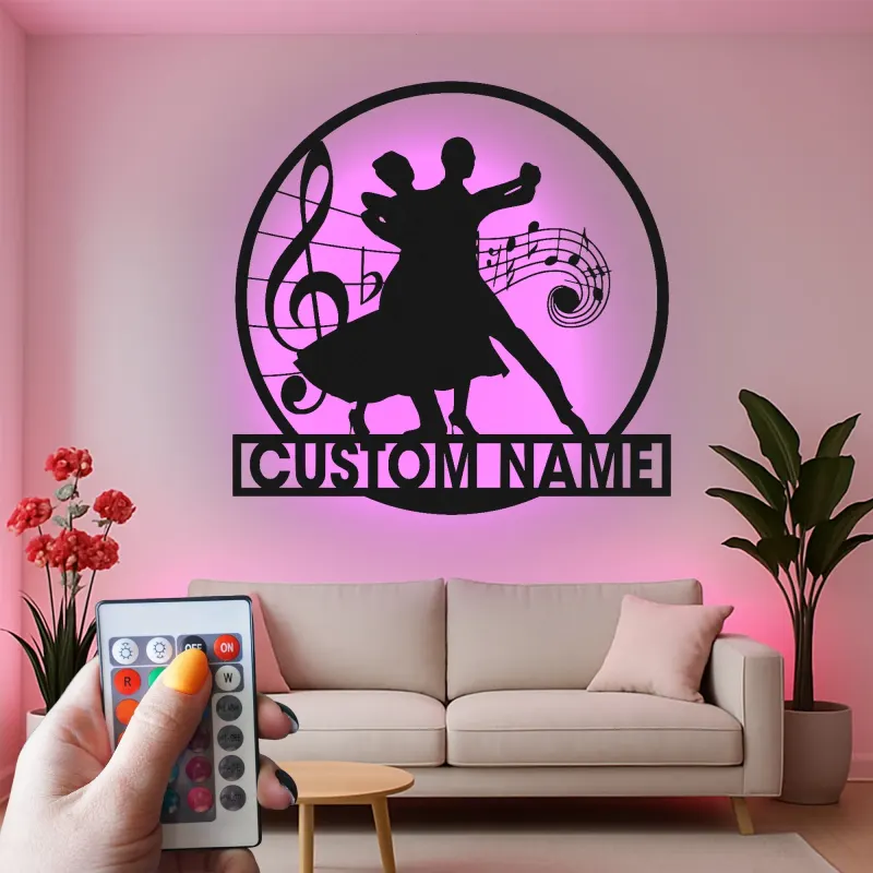 Cartel de metal personalizado de pareja de baile de salón con luz LED regalo para amantes de la danza decoración de estudio o salón