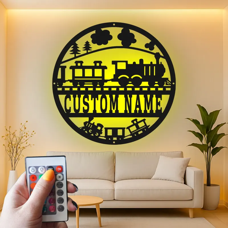 Décoration murale en métal personnalisée avec train en rétroéclairage - Cadeau pour enfants - Décor de chambre de bébé