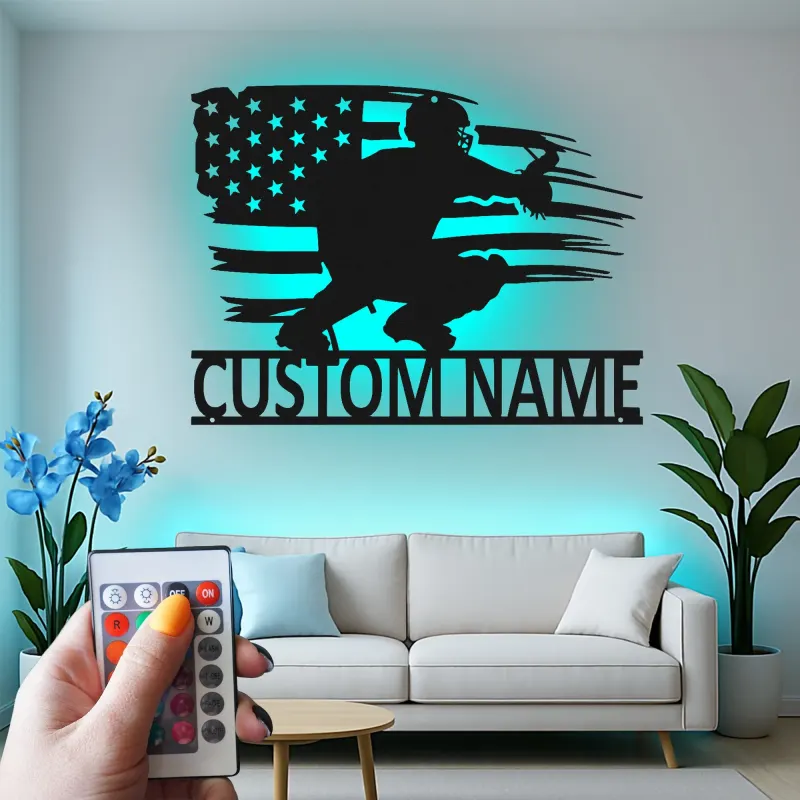 Custom Baseball Catcher Led Light Metal Wall Art Personalized Gift for Baseball Fans Game Room Sports Decor