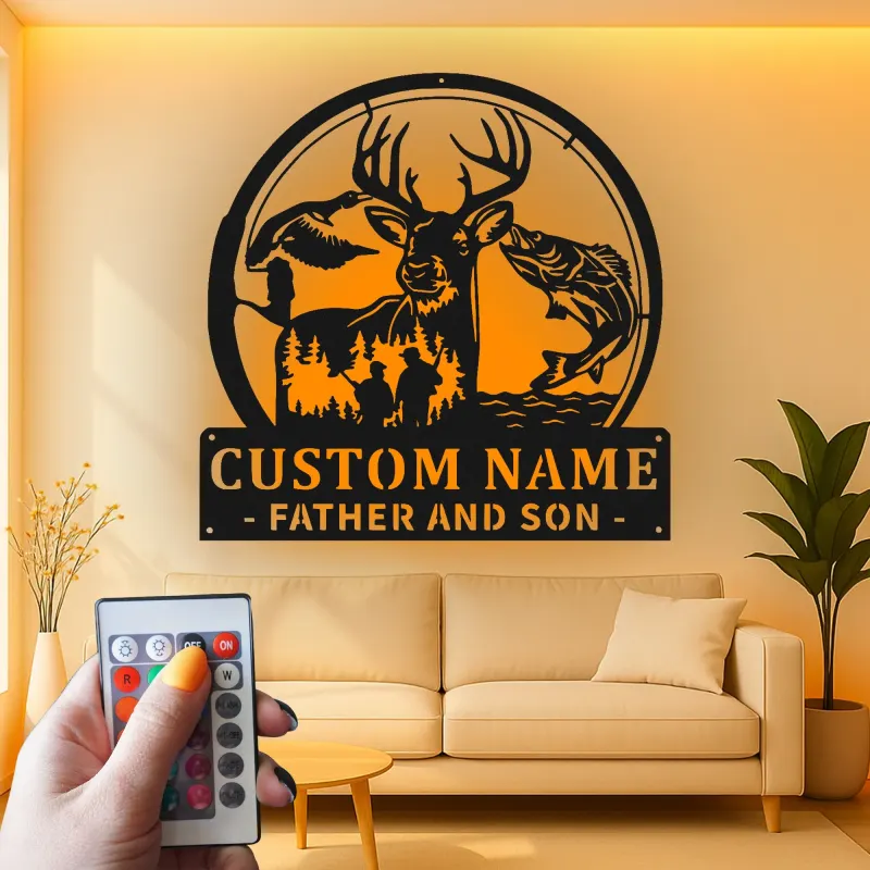 Insegna Personalizzata per Cacciatore e Pescatore | Arte in Metallo LED per Papà | Decorazione per Fauna Selvatica Personalizzata per Padre e Figlio | Regalo per Cabina e Man Cave