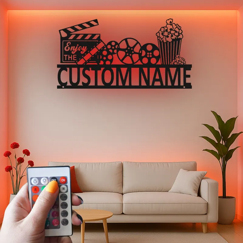 Panneau de Cinéma Personnalisé | Art mural en métal LED de Cinéma Personnalisé | Décor de Salle de Cinéma Familiale | Panneau Lumineux Bobine de Film & Popcorn