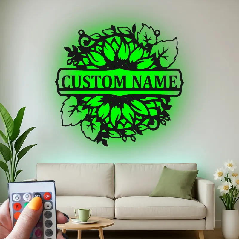 Insegna in Metallo Girasole Personalizzata | Arte da Parete Floreale LED Personalizzata | Targa con Nome per Decorazione della Casa | Regalo per Inaugurazione della Casa Boho