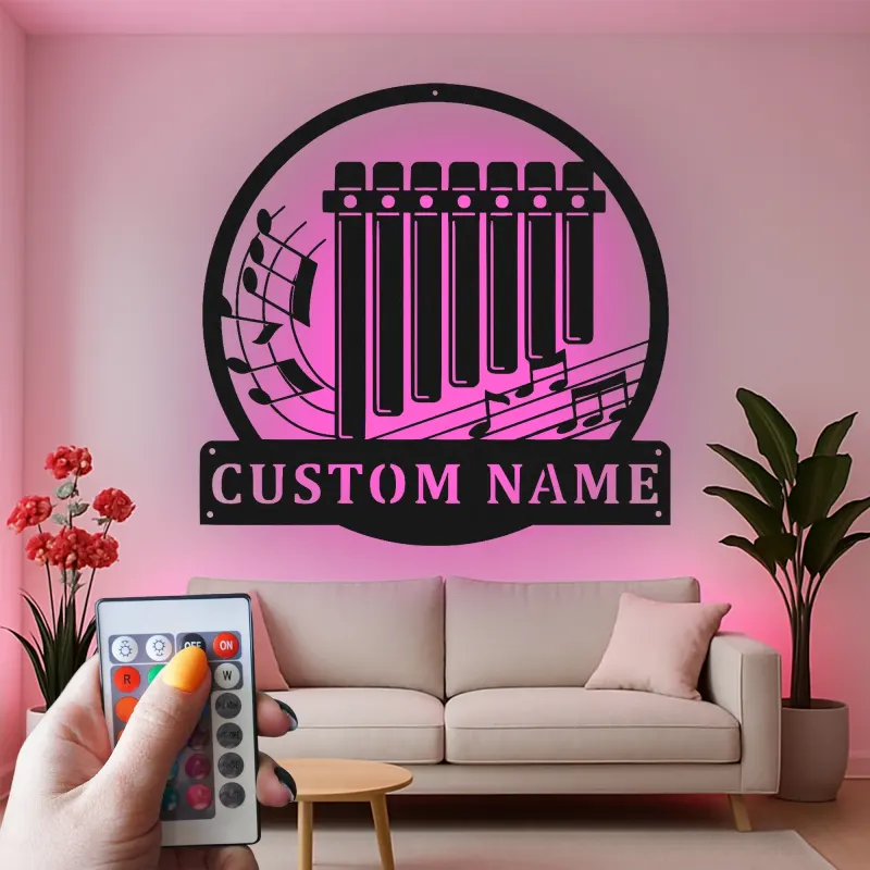 Personalisierte Panflöte Metallschild | Individuelle LED Musikzimmer Dekoration | Musiker Namensschild | Studio Wandkunst Geschenk