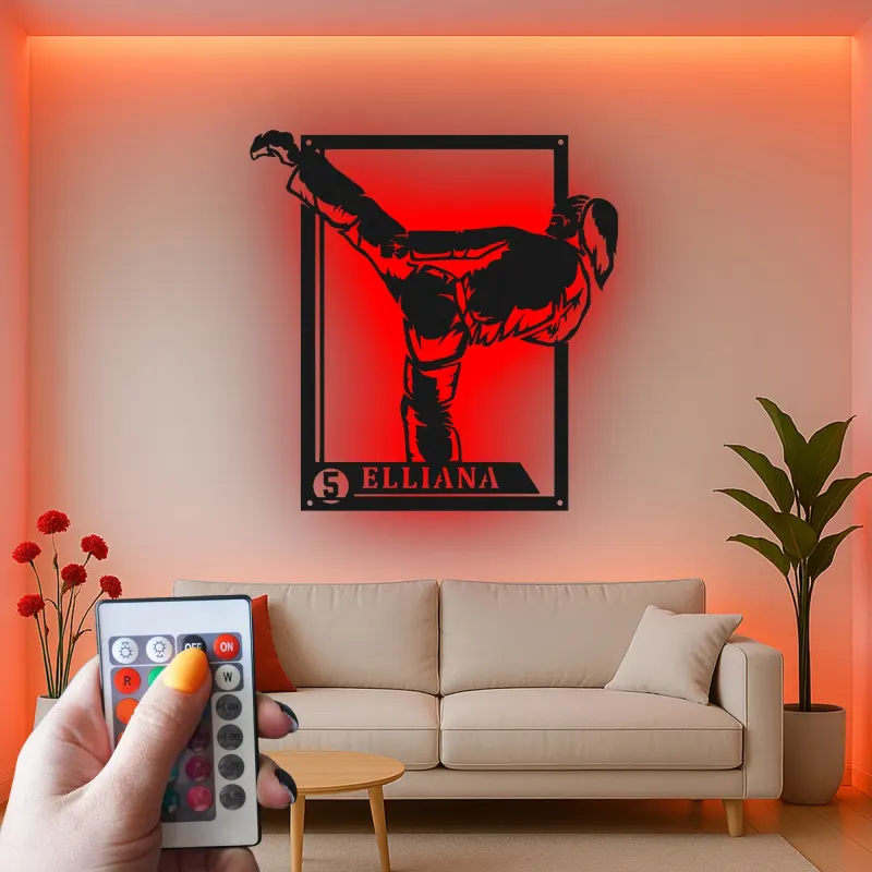 Panneau personnalisé d'arts martiaux féminin | Panneau en métal LED de coup de pied de karaté sur mesure | Cadeau pour combattante