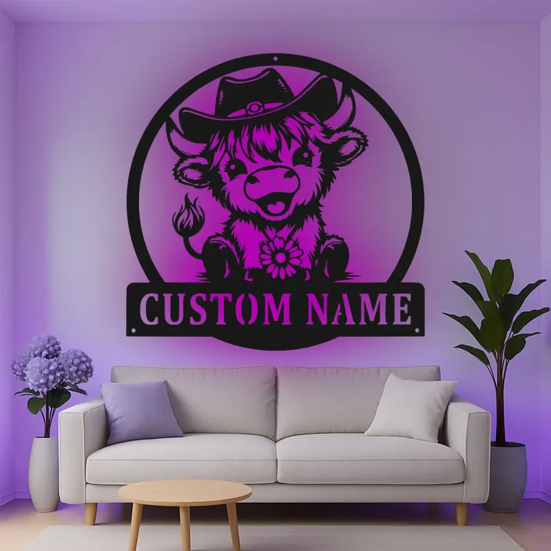 Cartel de metal LED de vaca de vaquero personalizado, regalo de granja para decoración de guardería o habitación infantil