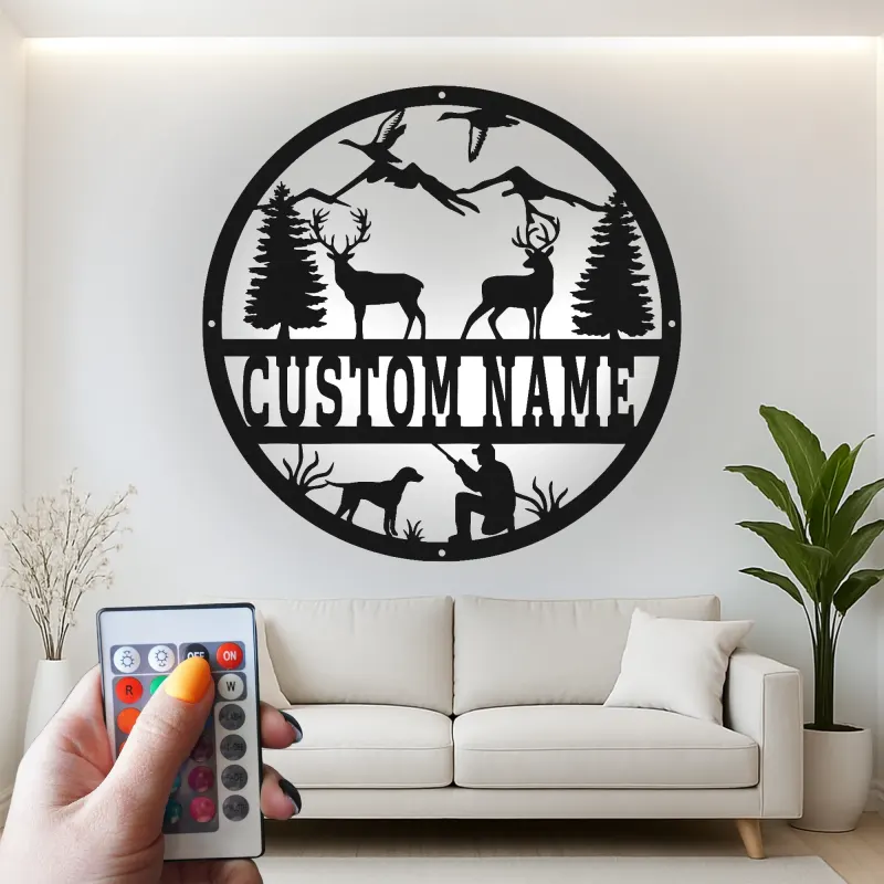 Décoration murale en métal personnalisée avec rétroéclairage - Cadeau pour chasseurs - Décoration de cabane rustique
