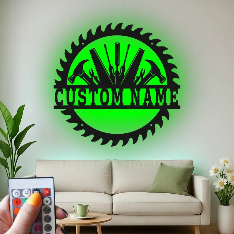 Custom Workshop Tools Led Light Metal Wall Art Personalized Gift for Handyman Garage Decor for Tool Lovers