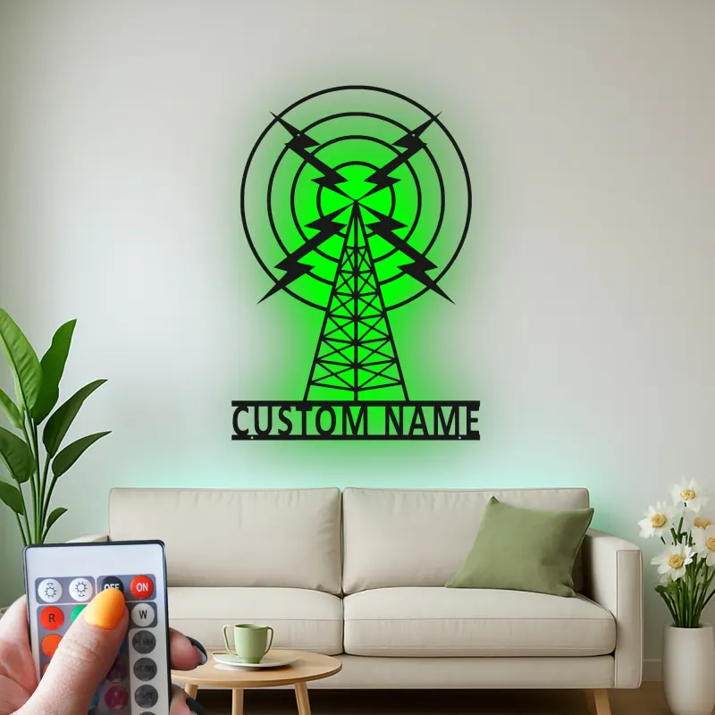 Personalisierte Metall-Schild eines Funkmastes | LED Vintage Broadcasting Kunst | Individuelles Geschenk für Funkamateur | Retro Studio Wanddekoration