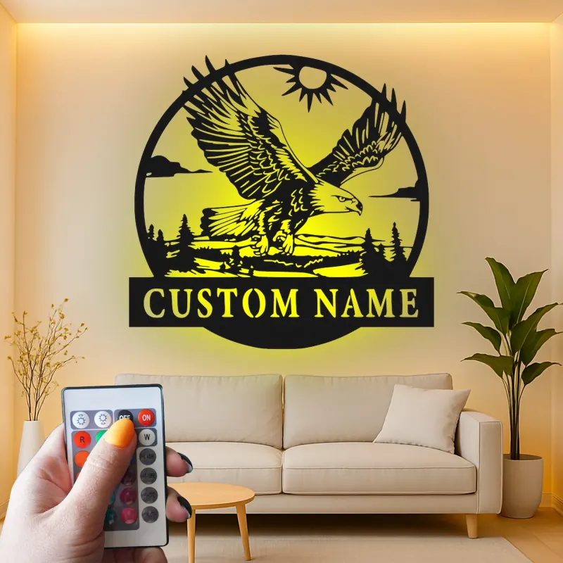 Décoration murale en métal LED personnalisée avec aigle - Cadeau pour les amoureux de la nature, décoration rustique pour le salon