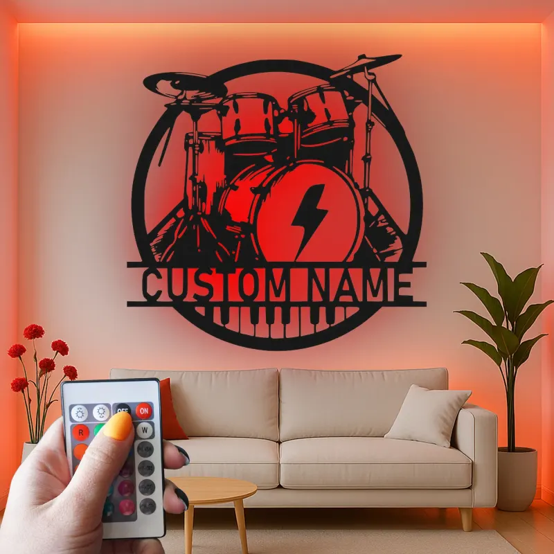 Personalisierte LED-Metall-Wandkunst mit Drumset – Musiker-Geschenk für Musikstudio oder Bandraum