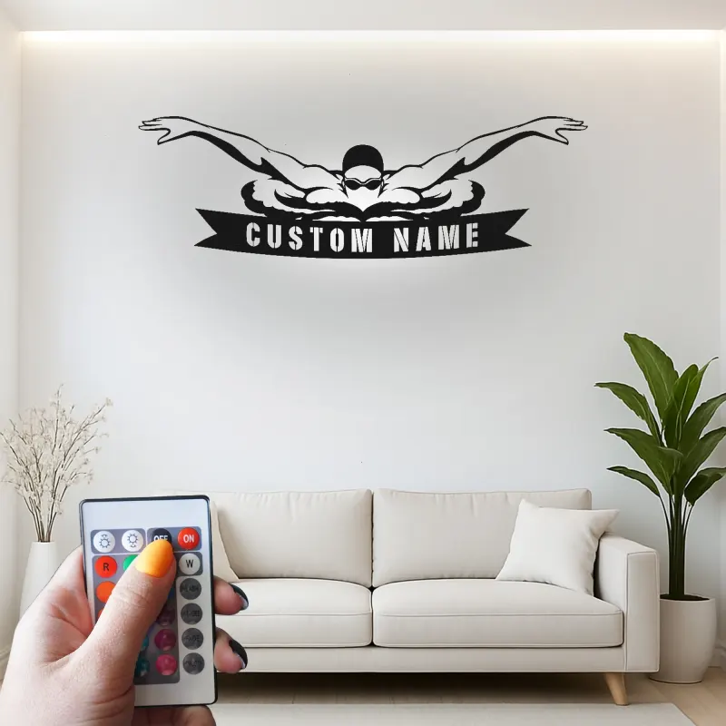 Panneau en métal LED pour nageur personnalisé | Cadeau pour équipe de natation | Silhouette d'athlète éclairée | Décor pour entraîneur de natation