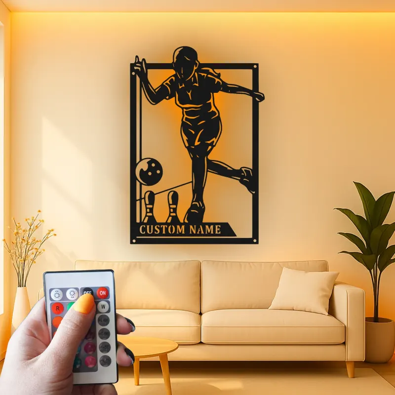 Custom Bowling Player Led Light Metal Wall Art Personalized Gift for Bowlers Game Room Sports Decor