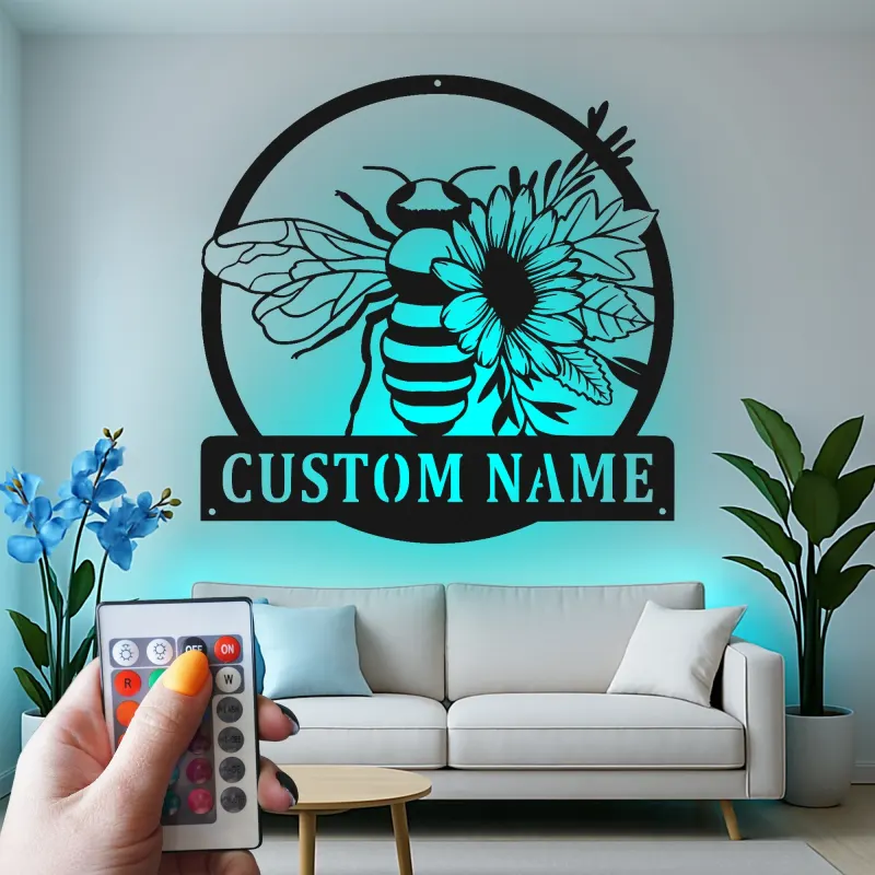 Custom Bee and Flower Led Light Metal Wall Art Personalized Garden Lover Gift Outdoor Patio Decor