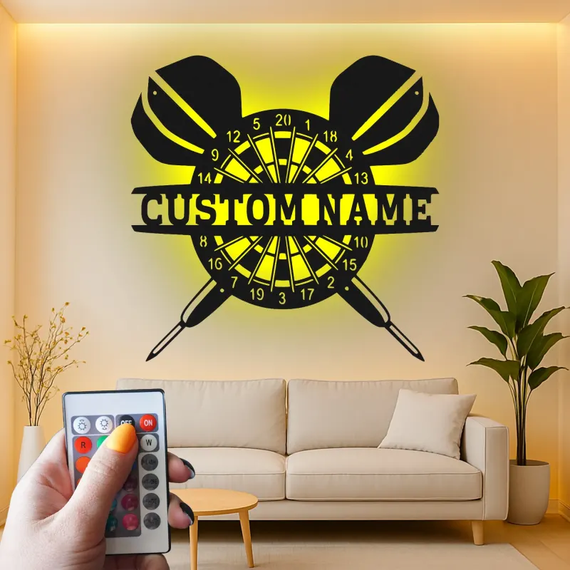 Cartel de metal personalizado con luz LED de diana, regalo personalizado para entusiastas de los dardos, decoración para sala de juegos