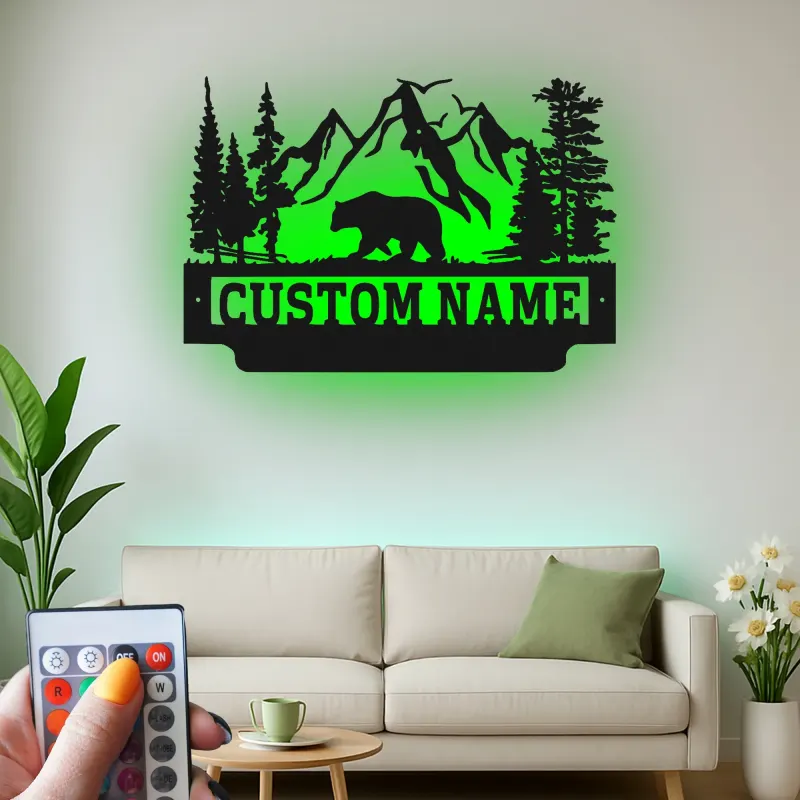 Cartel de metal LED de oso de montaña personalizado, regalo para amantes de la naturaleza, decoración de cabaña o refugio