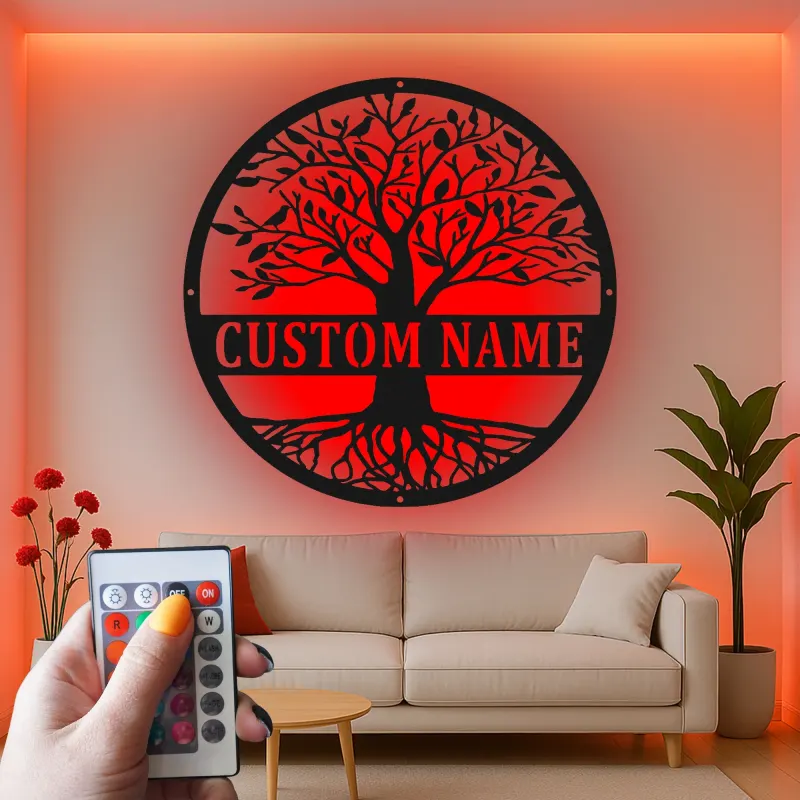 Art Mural LED Arbre de Vie | Panneau de Nom de Famille Personnalisé | Décor Métal Personnalisé pour Entrée | Cadeau de Crémaillère pour Couples