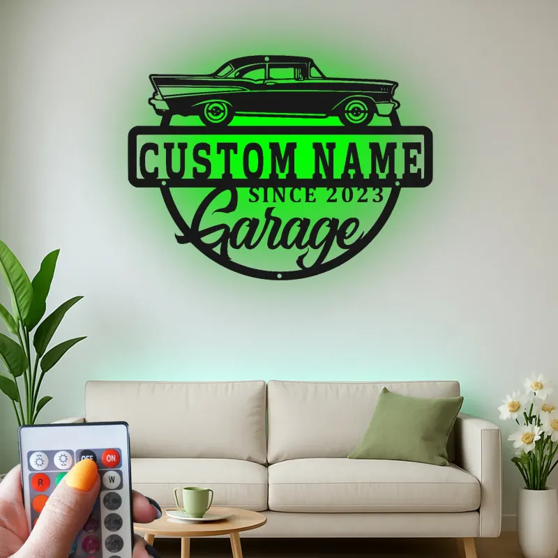 Décoration murale en métal personnalisée de voiture classique avec rétroéclairage LED - Cadeau de garage pour passionnés de voitures