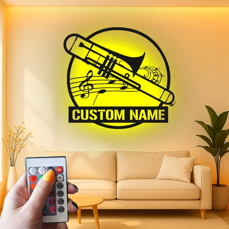 Décoration murale en métal personnalisée avec rétroéclairage LED Trombone - Cadeau pour Musicien - Décor de Salle de Musique pour Amateurs de Trombone