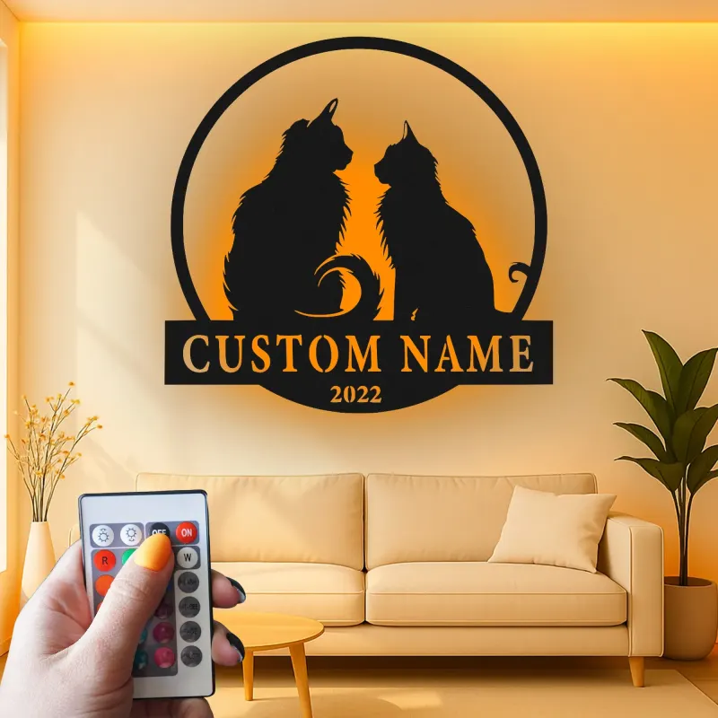 Custom Cat Couple Led Light Metal Wall Art Personalized Pet Lover Gift Living Room or Bedroom Decor