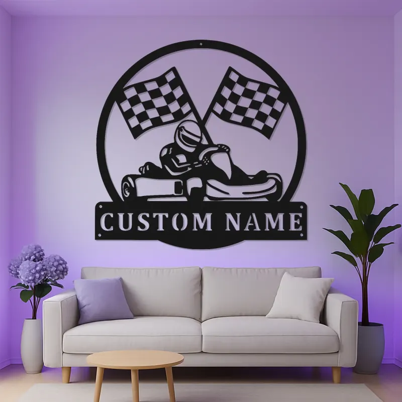 Enseigne métal pilote de karting personnalisée | Décoration murale LED pour garage | Cadeau fan de course | Déco man cave et salle de course
