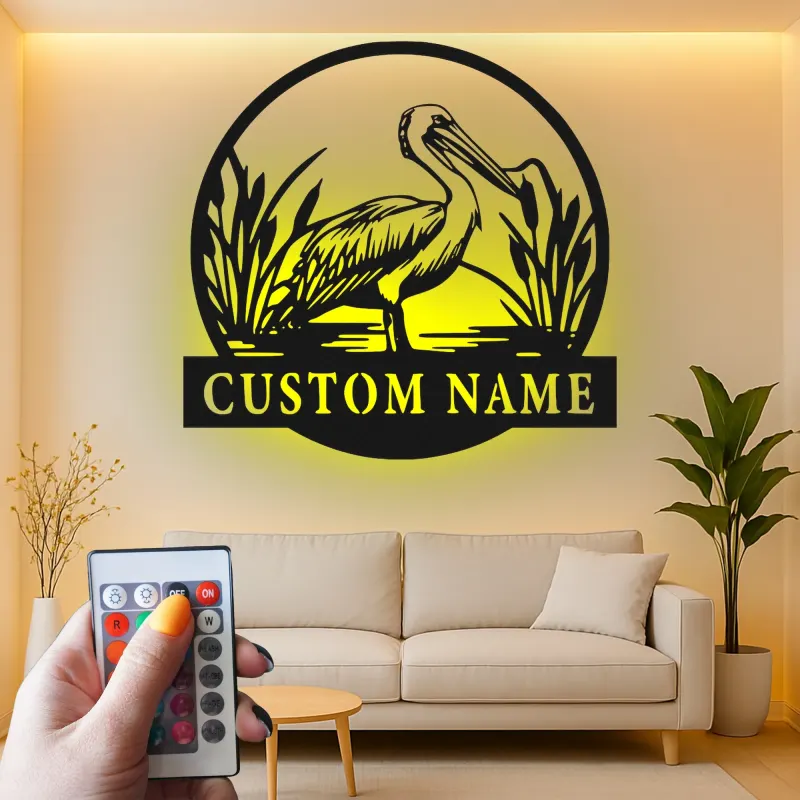 Custom Pelican Metal Wall Art | RGB LED Light Coastal Sign | Personalized Beach House Decor | Unique Gift for Bird Lovers