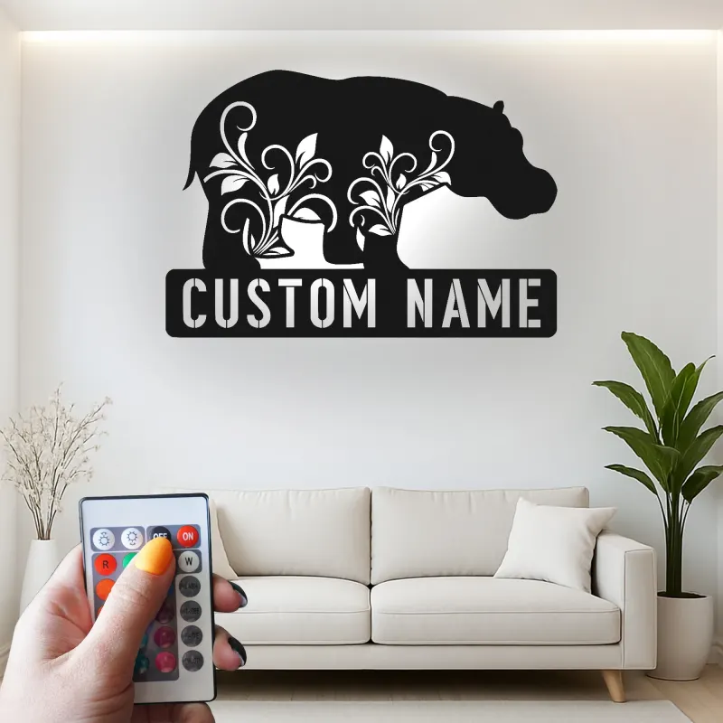 Custom Hippo Metal Wall Art LED Lighted | Personalized Wildlife Decor | Cabin & Rustic Home Accent