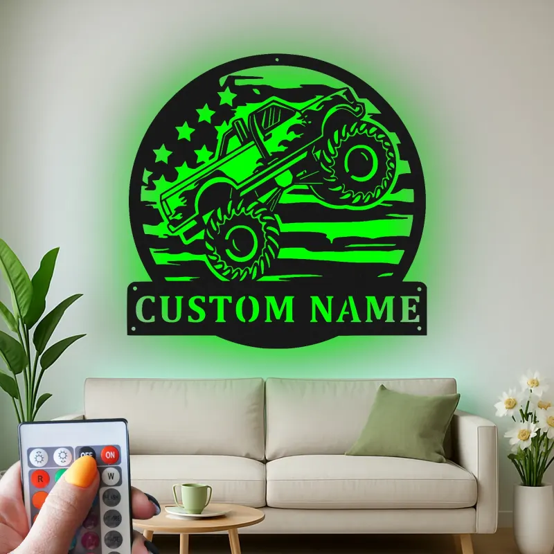 Panneau LED Personnalisé Monster Truck | Décoration Murale en Métal pour Garage ou Chambre de Garçon | Cadeau Décor Off-Road pour Lui