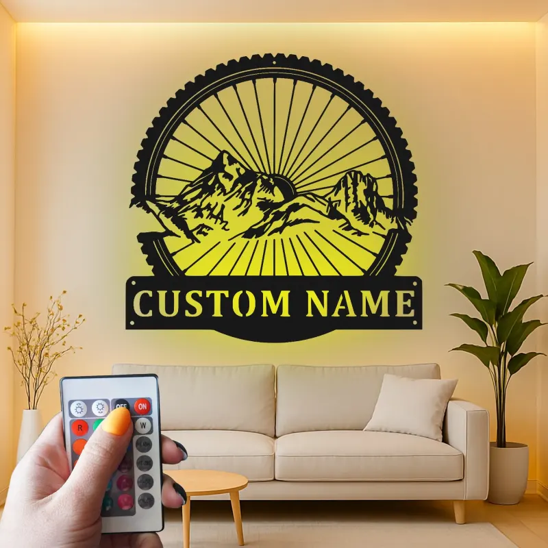 Insegna LED Ruota Mountain Bike Personalizzata | Arte in Metallo Personalizzata per Ciclisti | Decorazione per Avventure all'Aperto e Man Cave