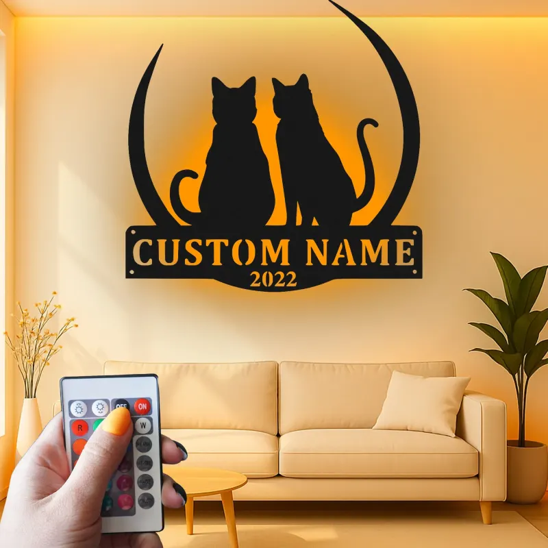 Cartel de metal personalizado con silueta de gato y luz LED, regalo personalizado para amantes de mascotas, decoración para dormitorio o salón