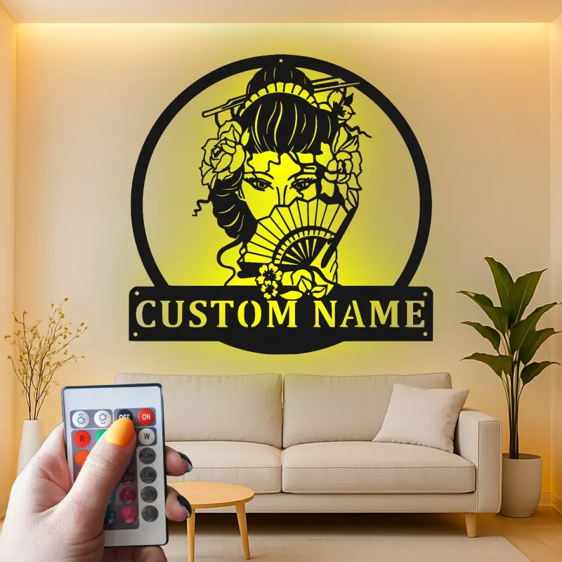 Cartel LED geisha personalizado | Decoración mural de metal japonesa personalizada | Decoración para salón y dormitorio zen