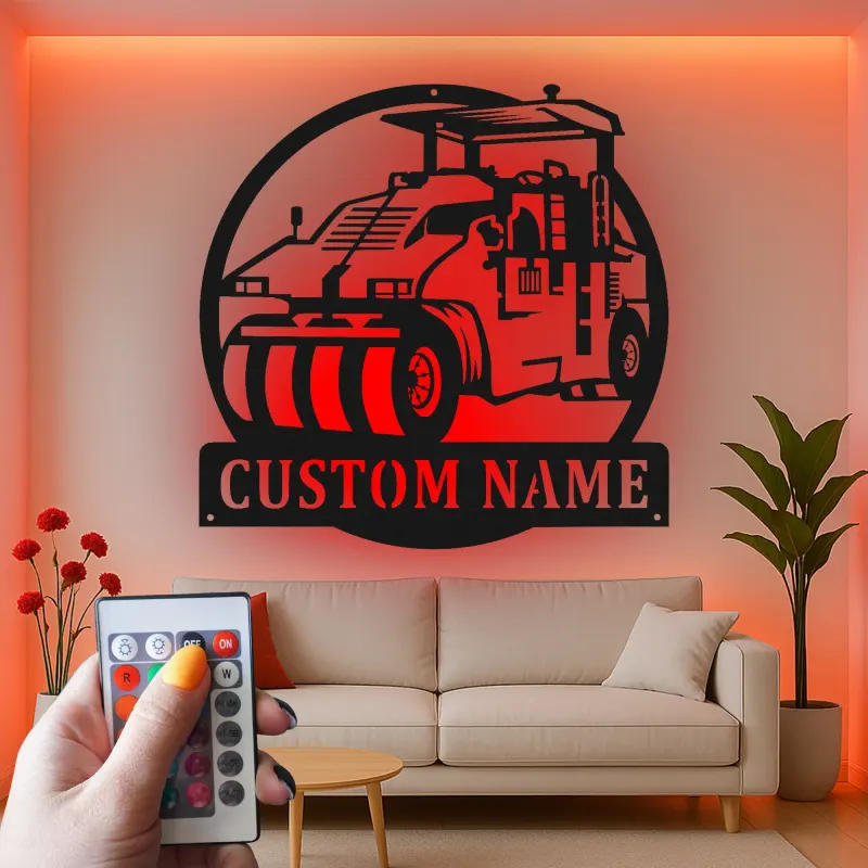 Señal LED de rodillo de carretera | Arte de vehículo de construcción personalizado | Regalo personalizado para operador | Decoración de equipo pesado