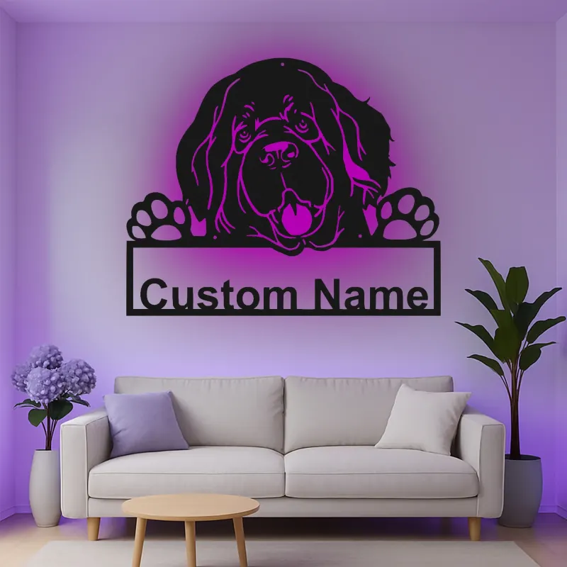 Custom Newfoundland Dog Led Light Metal Wall Art Personalized Pet Lover Gift Living Room or Entryway Decor