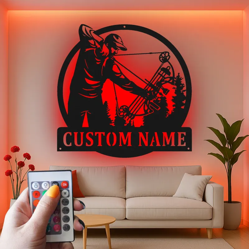 Insegna in metallo LED personalizzata per cacciatori di archi - Regalo per appassionati di tiro con l'arco - Decorazione per man cave o cabin