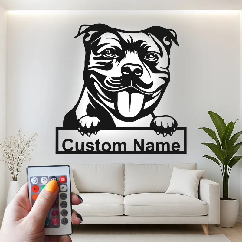 Insegna LED personalizzata con pitbull | Insegna in metallo con cane | Decorazione realistica con ritratto del pet | Regalo originale per amanti delle razze bully