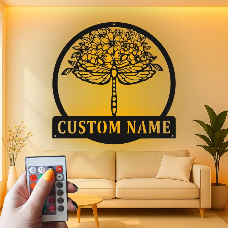 Décoration murale en métal personnalisée Libellule avec Design Floral et Rétroéclairage LED Cadeau pour Amoureux de la Nature Décor de Jardin